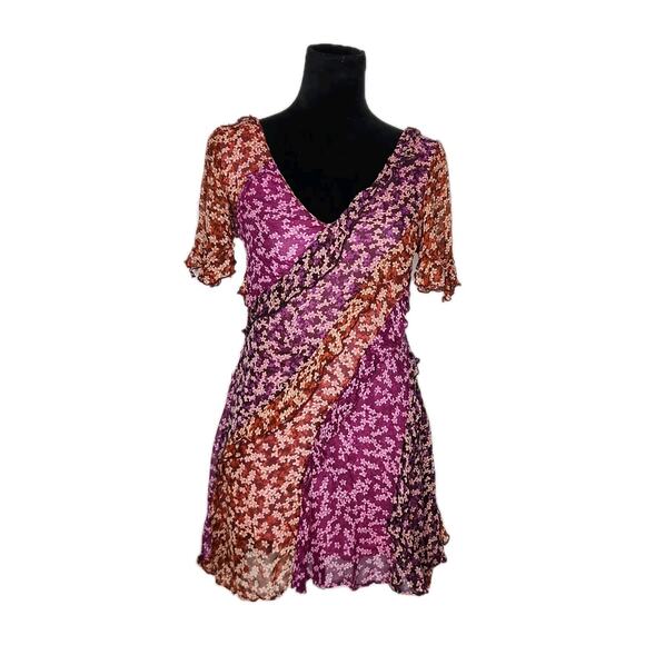 Anthropologie Floral Patchwork Mini Dress Ruffles Flutter Sleeve Multi Size XXS - Picture 2 of 10